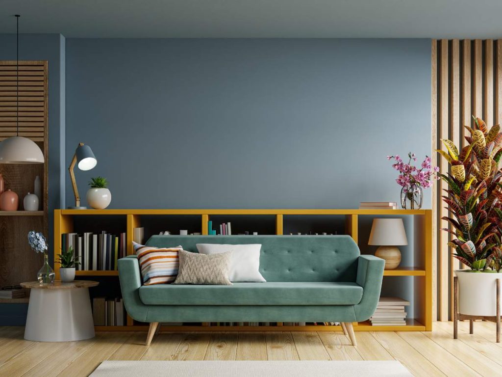 A living room showcasing modern color trends for home interiors in 2024, with a stylish color palette