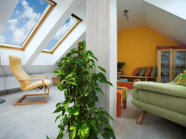 A modern living room with a skylight, flooding the space with natural light, showcasing the benefits of skylight installation.